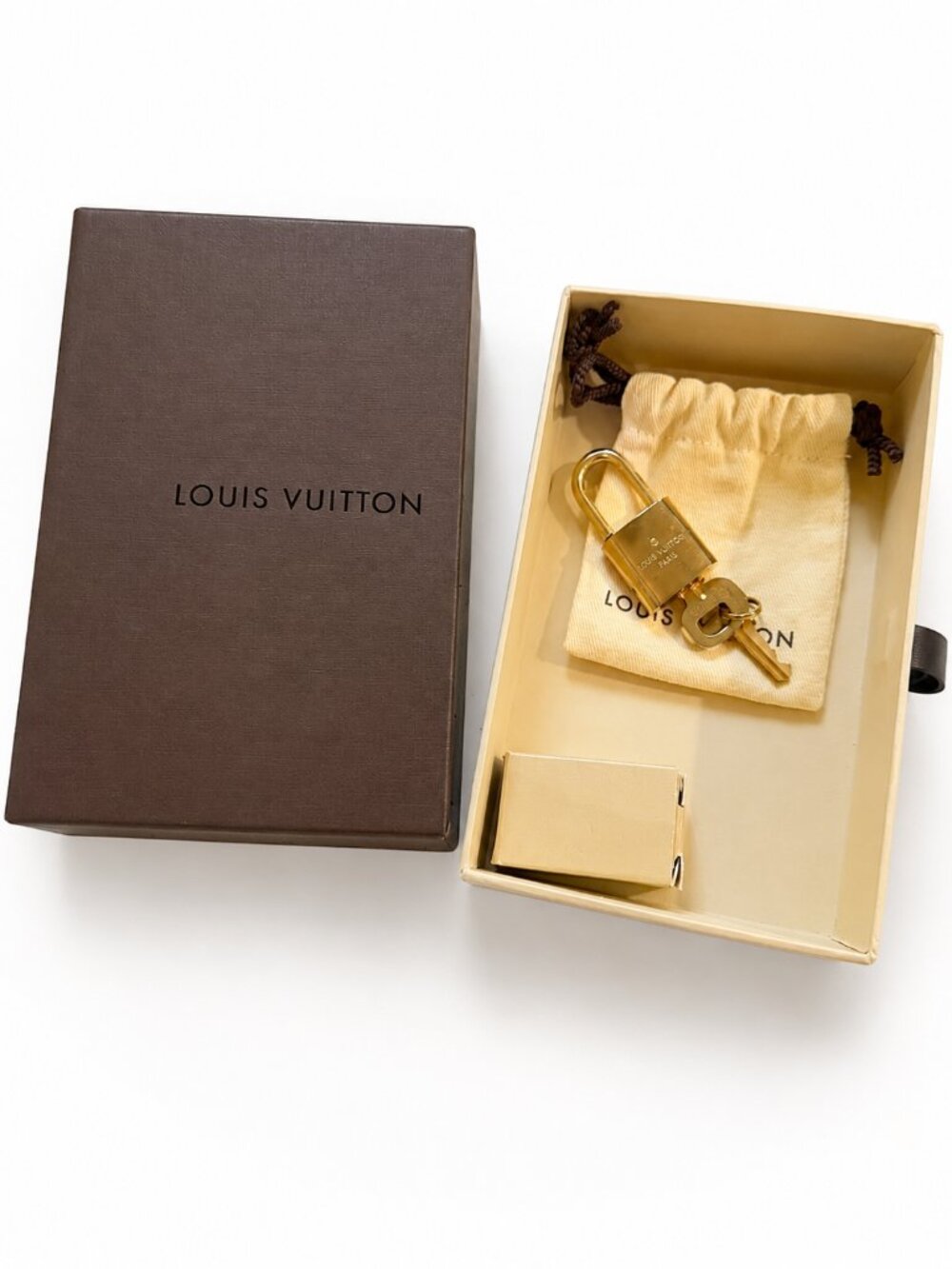 Authentic Louis Vuitton Brass Padlock & Key Set # 492 with Dust Bag & Box